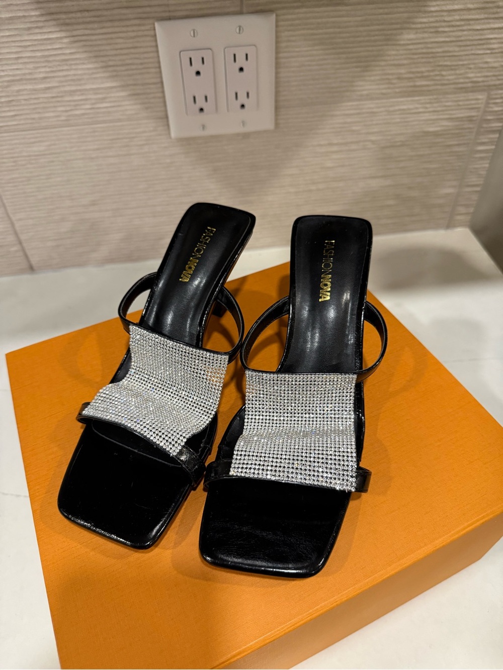 Fashion Nova Black & Rhinestone Strap Heeled Sandals